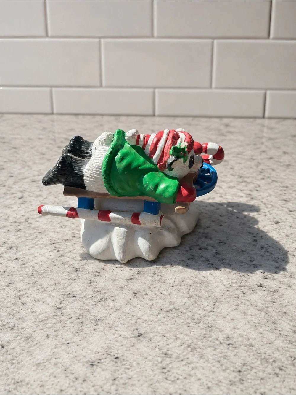 Vintage 1993 Christmas Panda Bear on Sled Figurine Holiday Collectible